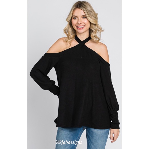 LAST 1! Super Soft Black Cross Neck Cold Shoulder Cuffed Sleeve Top - Picture 3 of 8